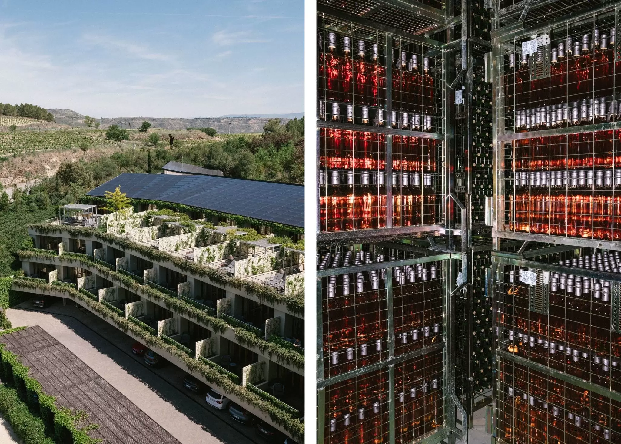 Left: the stone exterior of a winery; right: fully stocked cages in a wine cellar: Marqués de Riscal, La Rioja, Spain