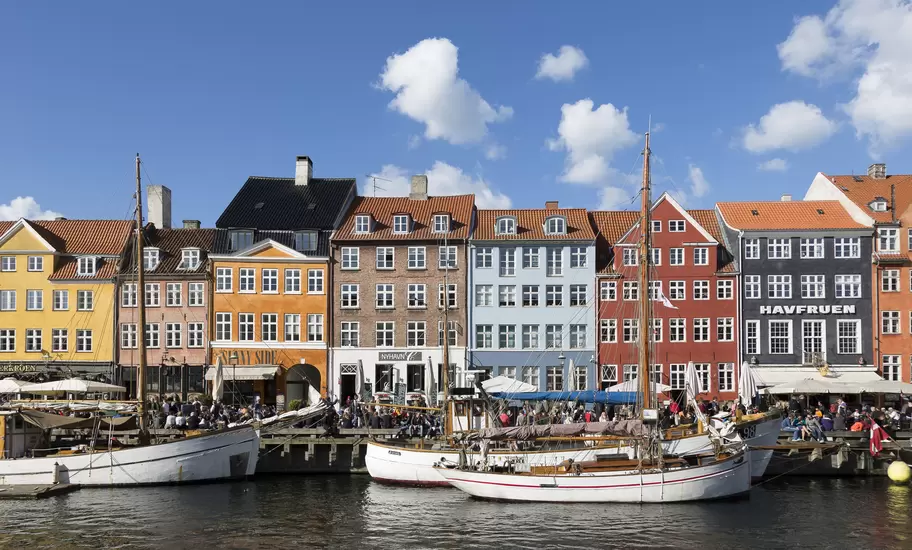 The colorful waterfront and boats at Nyhavn in Copenhagen, Denmark