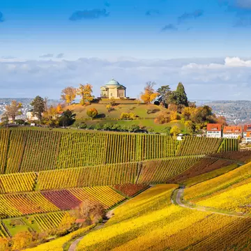 Wide view of Grabkapelle Württemberg Rotenberg and surrounding vineyards in Stuttgart, Germany.