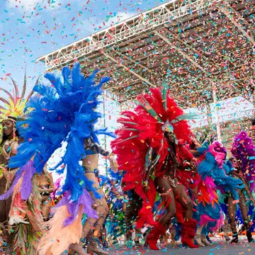 Masqueraders in feathered costumes dance in a stadium as confetti falls around them.