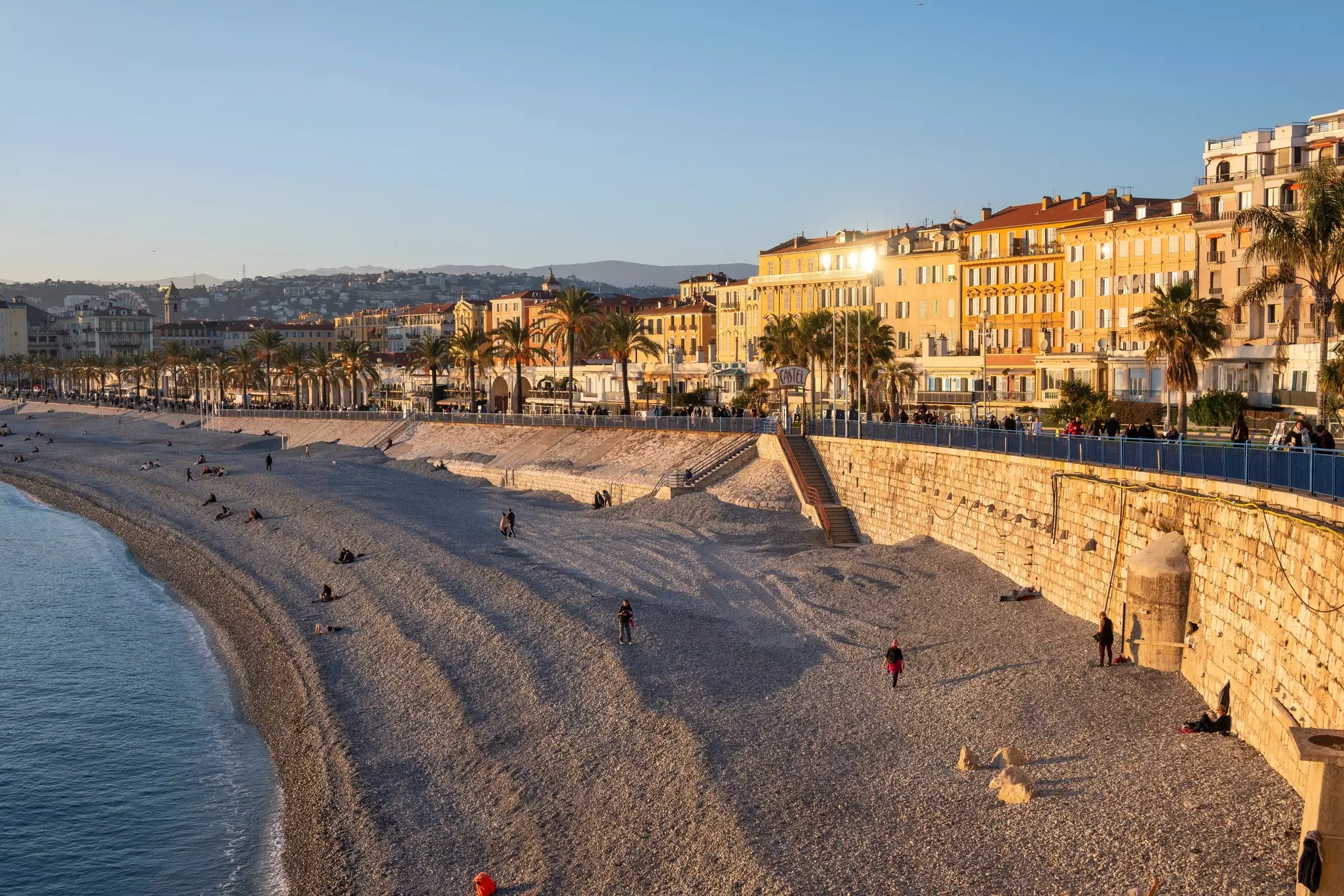 Sunset Panoramic view of Coastal street of city of Nice, Provence Alpes-Cote d'Azur, France