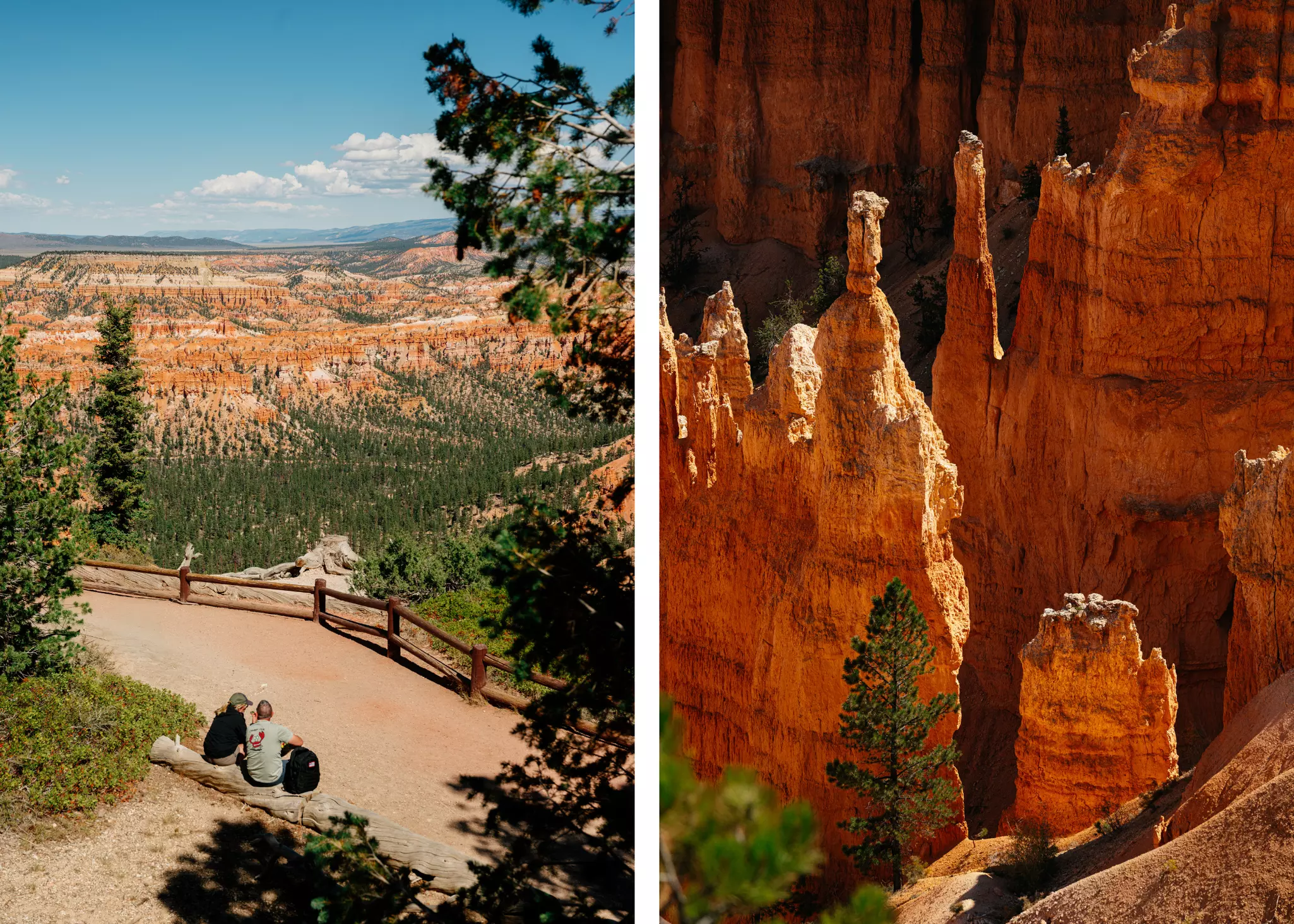 Two photos. At left, two people at a fenced overlook with a vast view. At right, large ruddy rock formations jutting into the air.