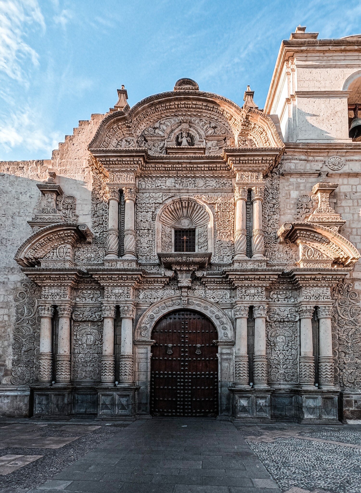 Exterior view of the Iglesia de la Compañía in Arequipa, Peru.
