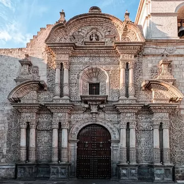 Exterior view of the Iglesia de la Compañía in Arequipa, Peru.