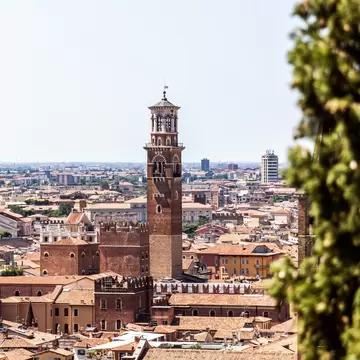 Verona skyline with river Adige, bridges, Santa Anastasia Church and Torre dei Lamberti or Lamberti Tower on summers day, view from Piazzale Castel San Pietro, Italy; Shutterstock ID 2170458095;
