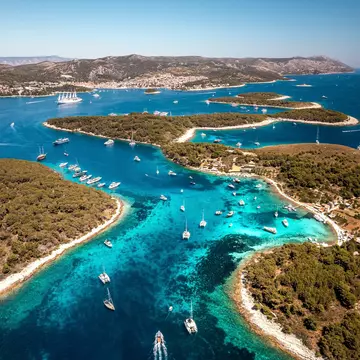 Aerial view of Paklinski islands and Hvar old town during summer, Dalmatia, Croatia.