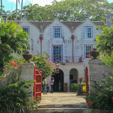 April 22, 2019: Exterior of St. Nicholas Abbey, a sugar cane plantation heritage museum and rum distillery.