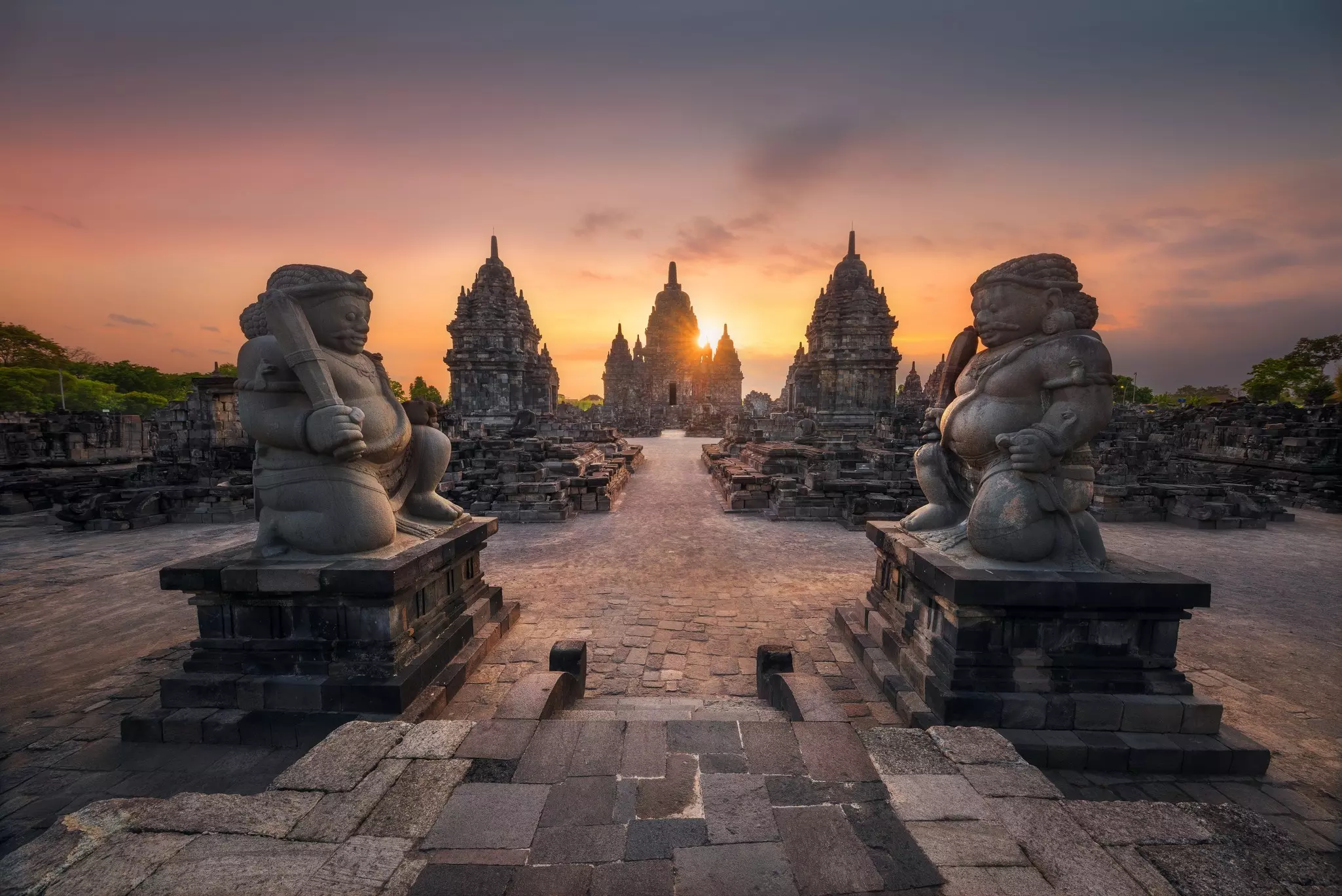Sunset in Yogyakarta at the ancient Sewu Temple
