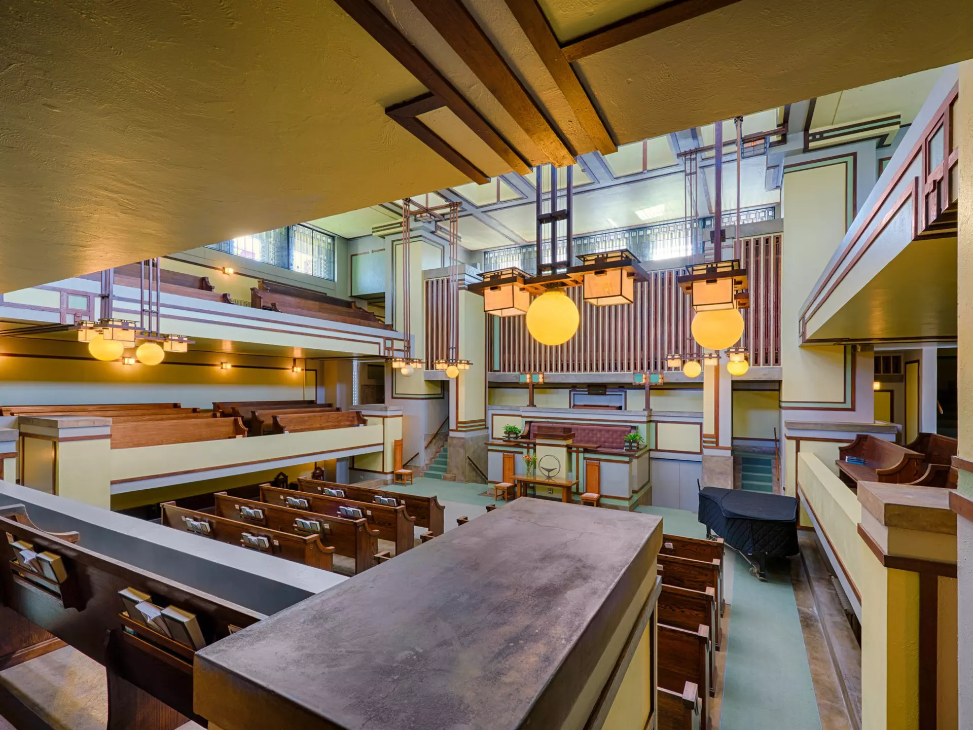 The interior of Frank Lloyd Wright’s Unity Temple, Oak Park, Illinois. Nagel Photography/Shutterstock