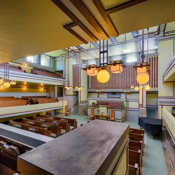 The interior of Frank Lloyd Wright’s Unity Temple, Oak Park, Illinois. Nagel Photography/Shutterstock
