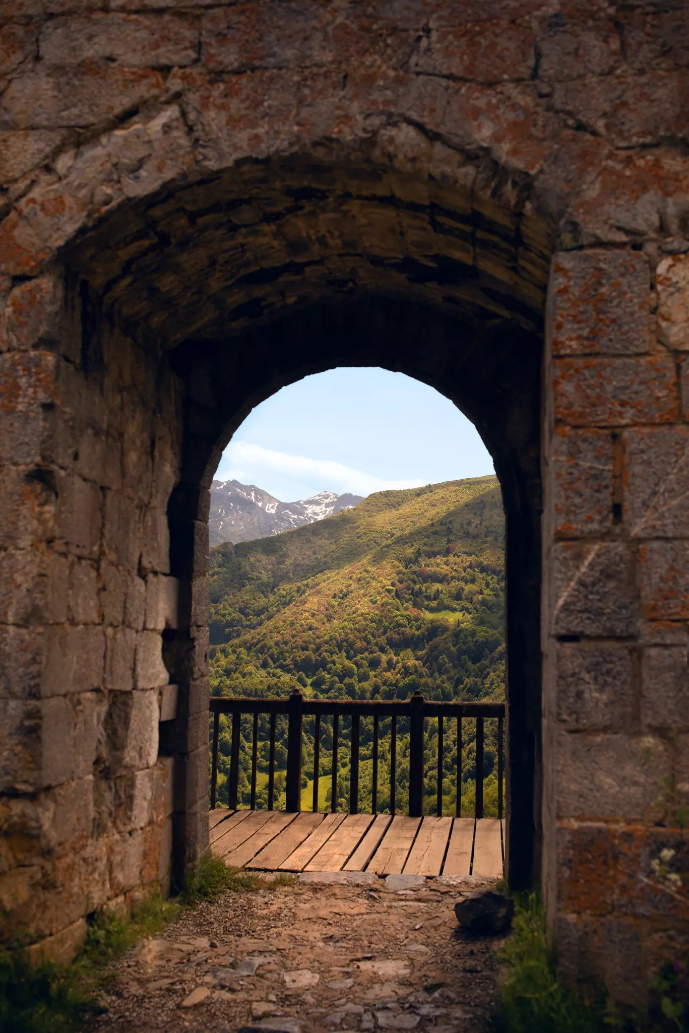 A general view of Bugarach. Blue sky and mountain. France. Château de Montségur. Cathar castle. Pyrénées,