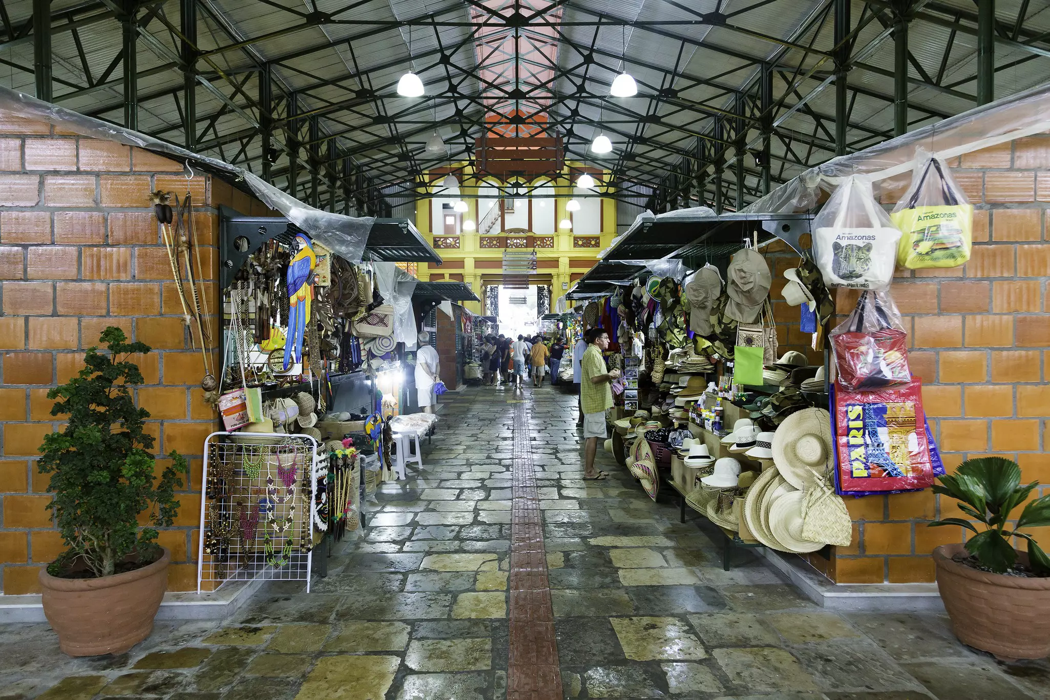 People and stalls inside the Mercado Municipal Adolfo Lisboa in Manaus, Brazil