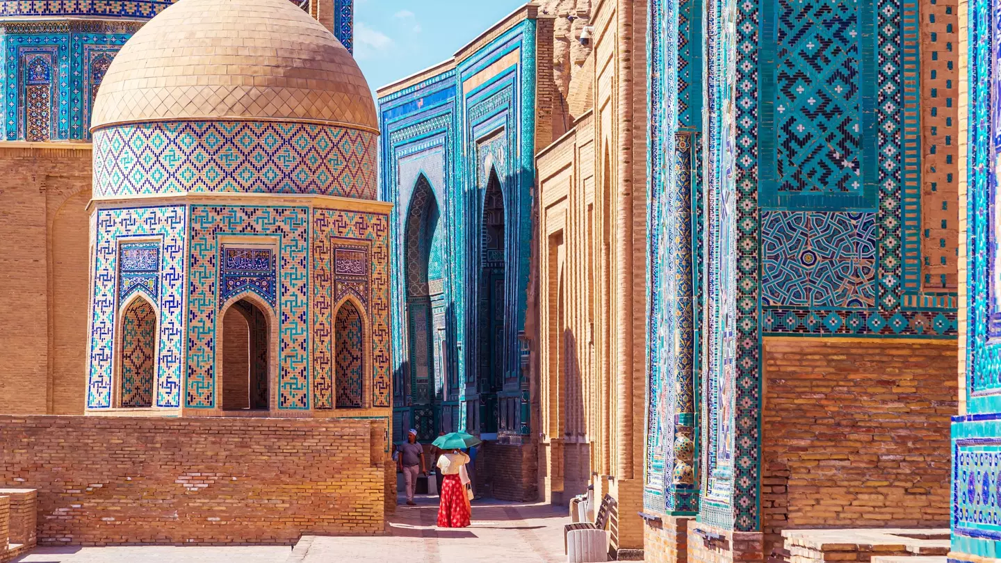 The ensemble of mausoleums Shahi-Zinda. Decorated with turquoise and blue tiles with floral patterns