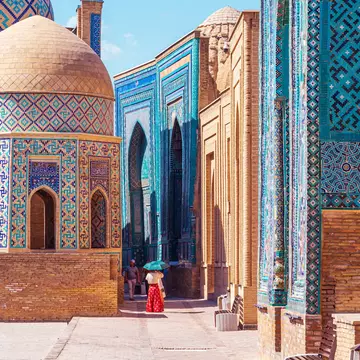 The ensemble of mausoleums Shahi-Zinda. Decorated with turquoise and blue tiles with floral patterns