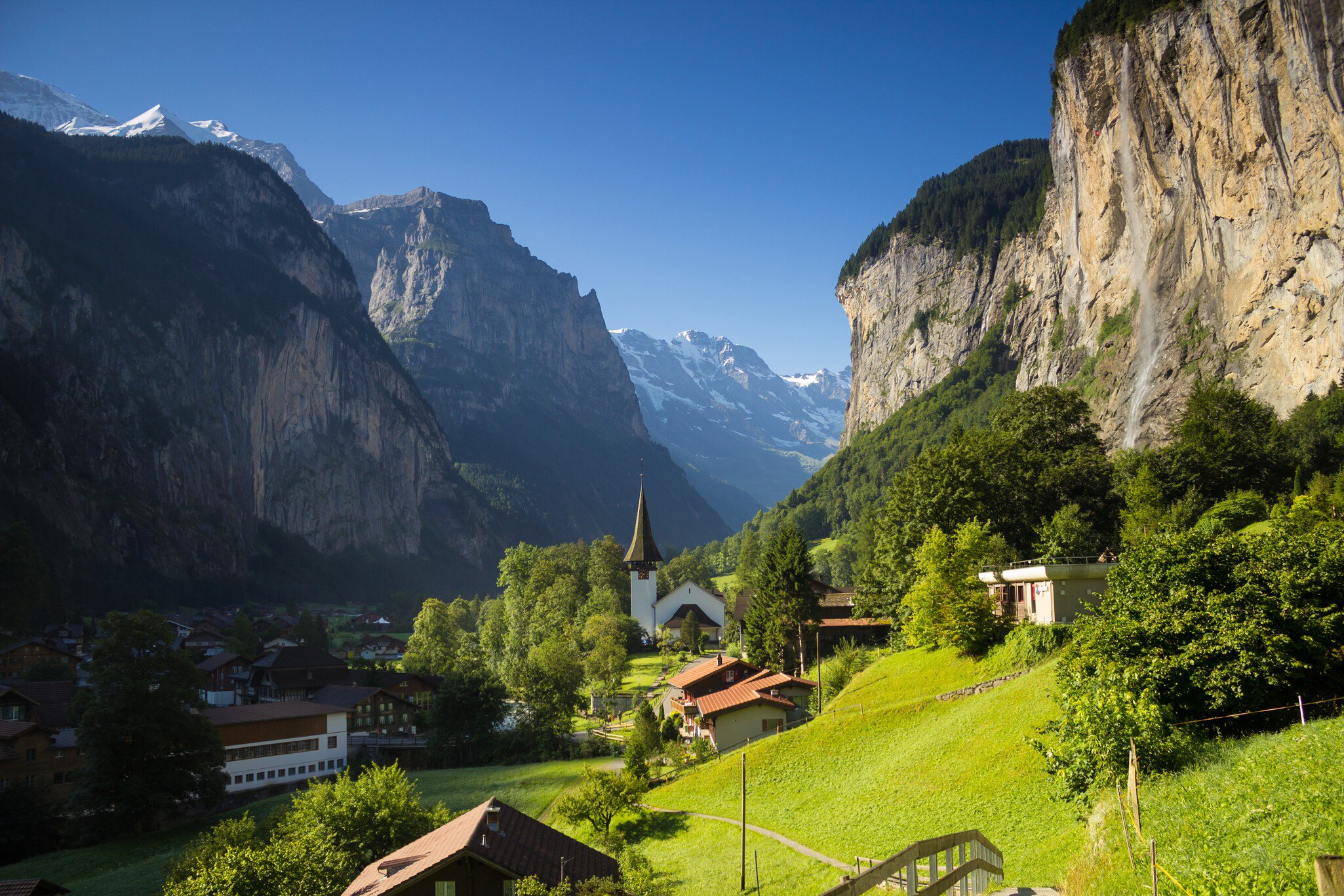 Village in mountain valley, Lauterbrunnen, Jungfrau, Switzerland