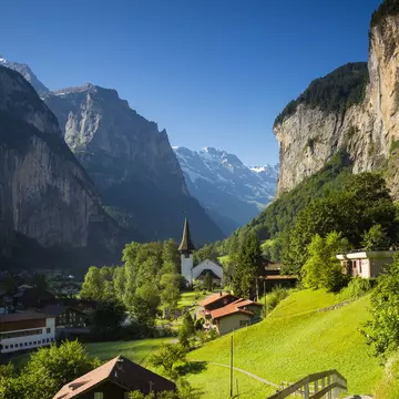 Village in mountain valley, Lauterbrunnen, Jungfrau, Switzerland