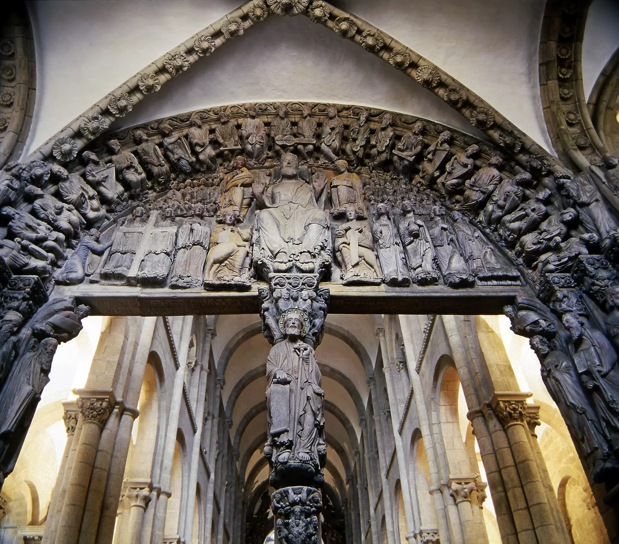 View of the Pórtico de la Gloria at the Catedral de Santiago de Compostela in Spain.