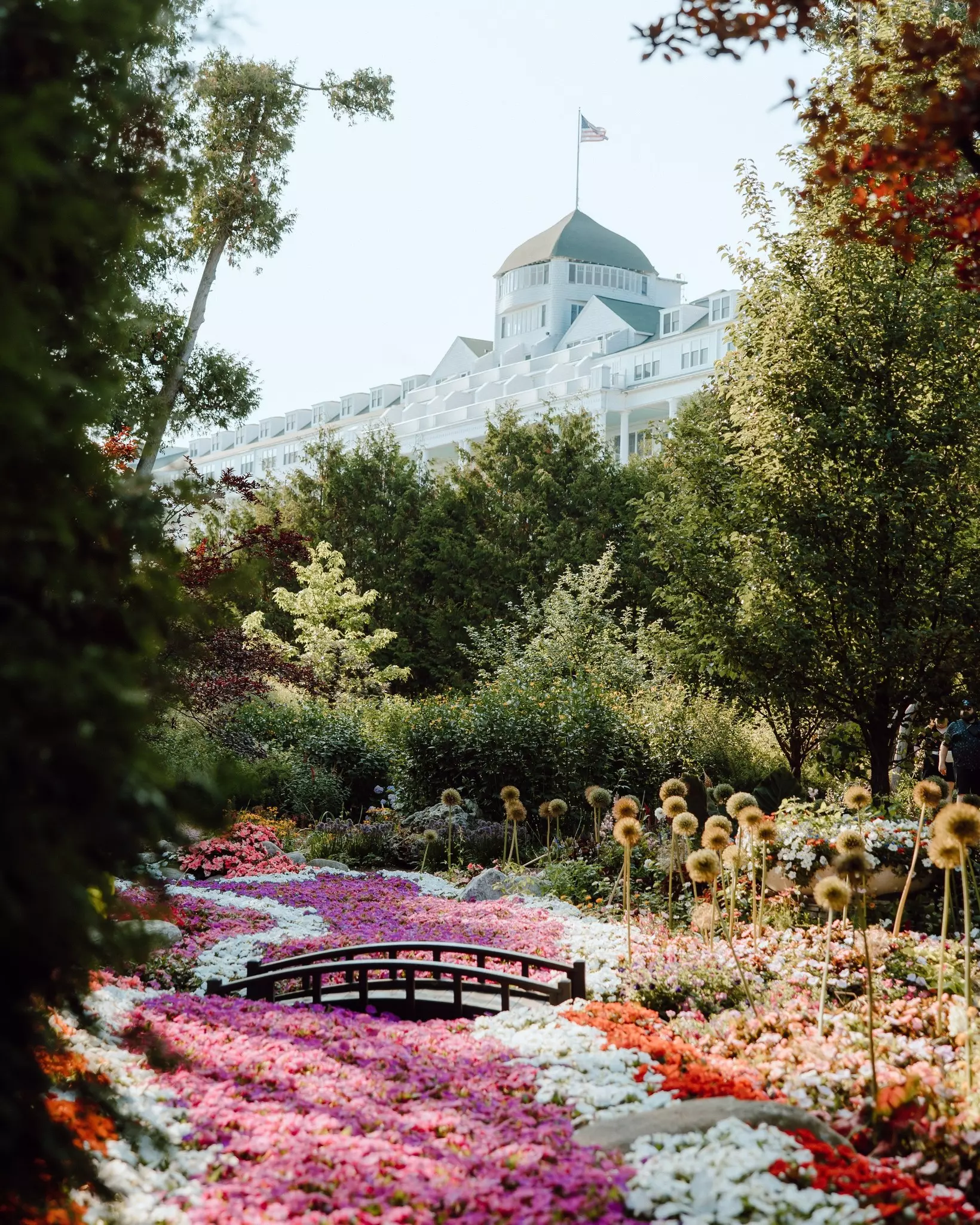 The grand hotel seen from a secret garden on Mackinac Island, Michigan