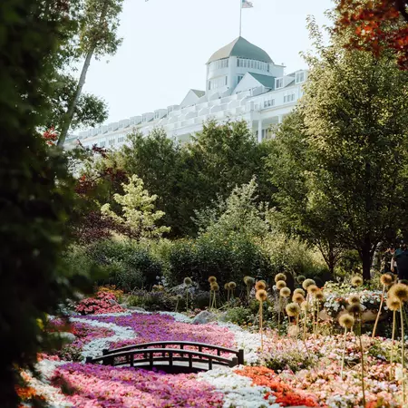 The grand hotel seen from a secret garden on Mackinac Island, Michigan