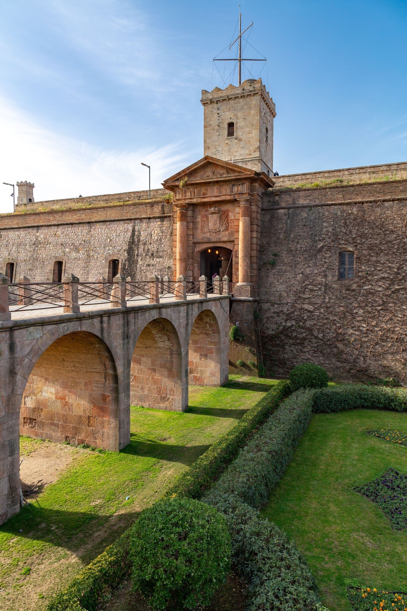 View of a stone bridge at the Castell de Montjuïc in Barcelona, Spain.