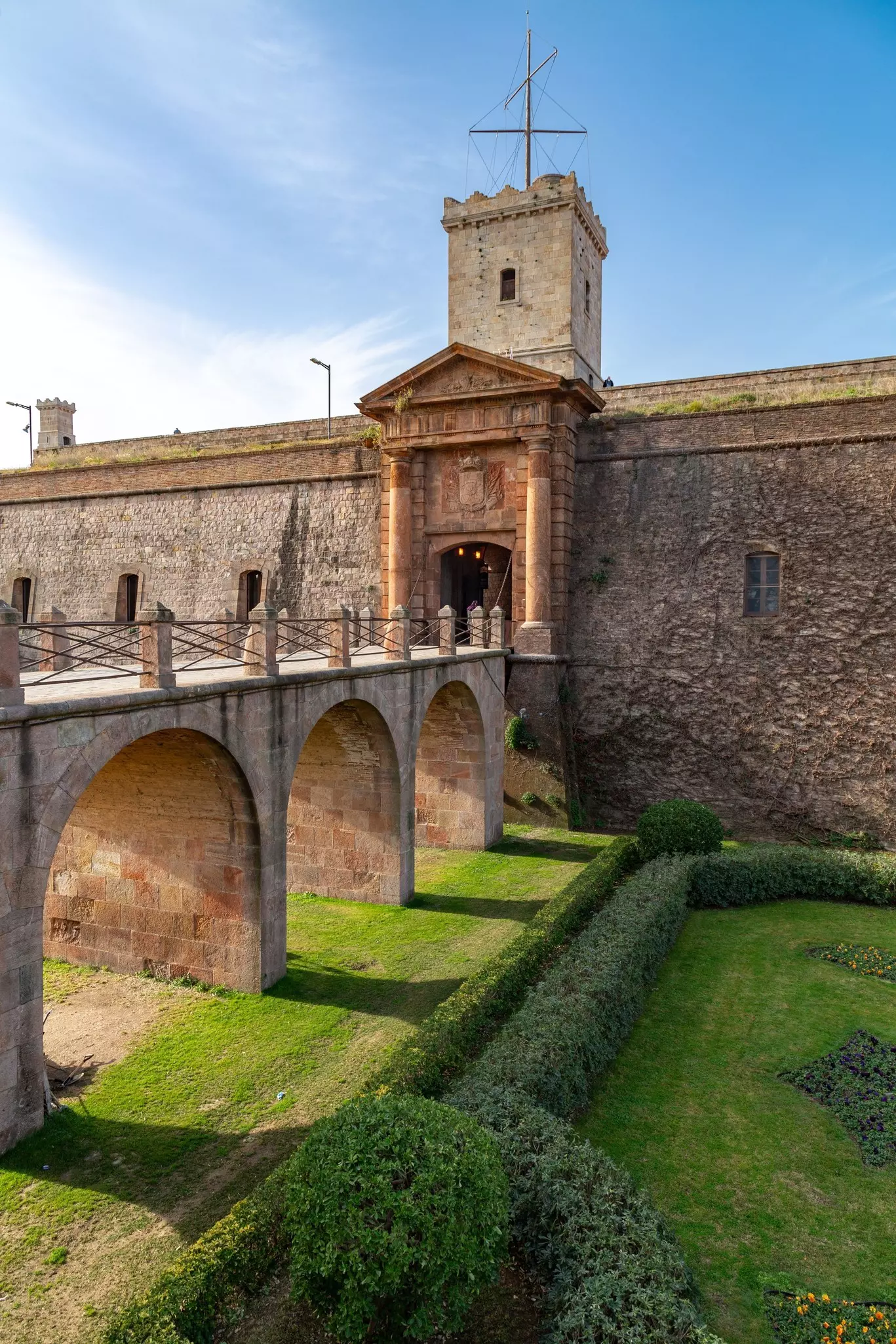 Montjuic Castle, a stone military fortress near Barcelona, Spain. 