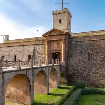 View of a stone bridge at the Castell de Montjuïc in Barcelona, Spain.