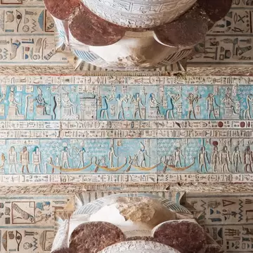 Interior of Dendera temple or Temple of Hathor. Egypt. Dendera , also spelled Denderah, is a small town and former bishopric in Egypt situated on the west bank of the Nile, about 5 kilometres south of Qena, on the opposite side of the river. It is...