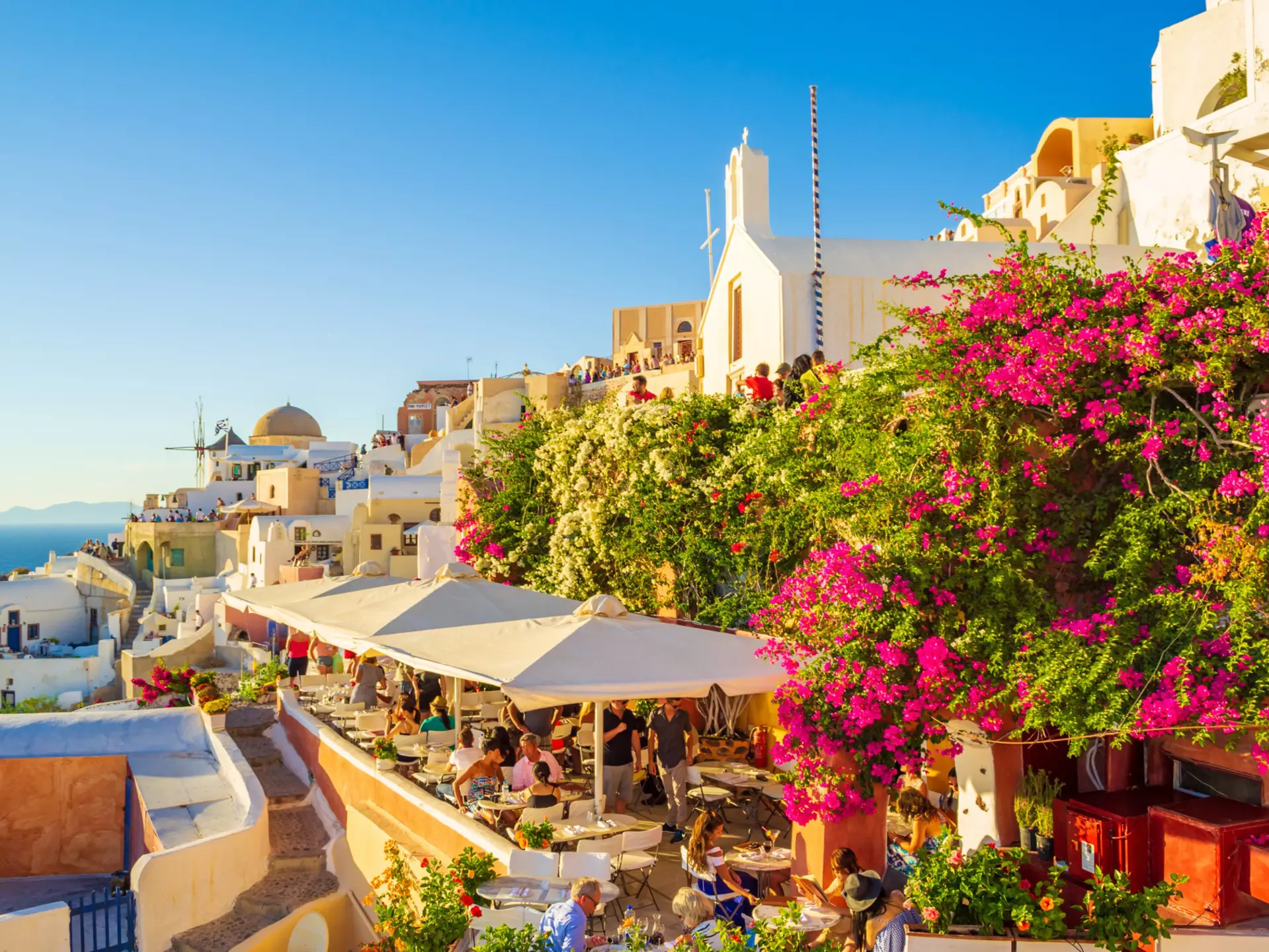 A view from a roof in Oia, a coastal town on the northwestern tip of Santorini. iStock