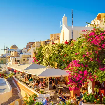 A view from a roof in Oia, a coastal town on the northwestern tip of Santorini. iStock