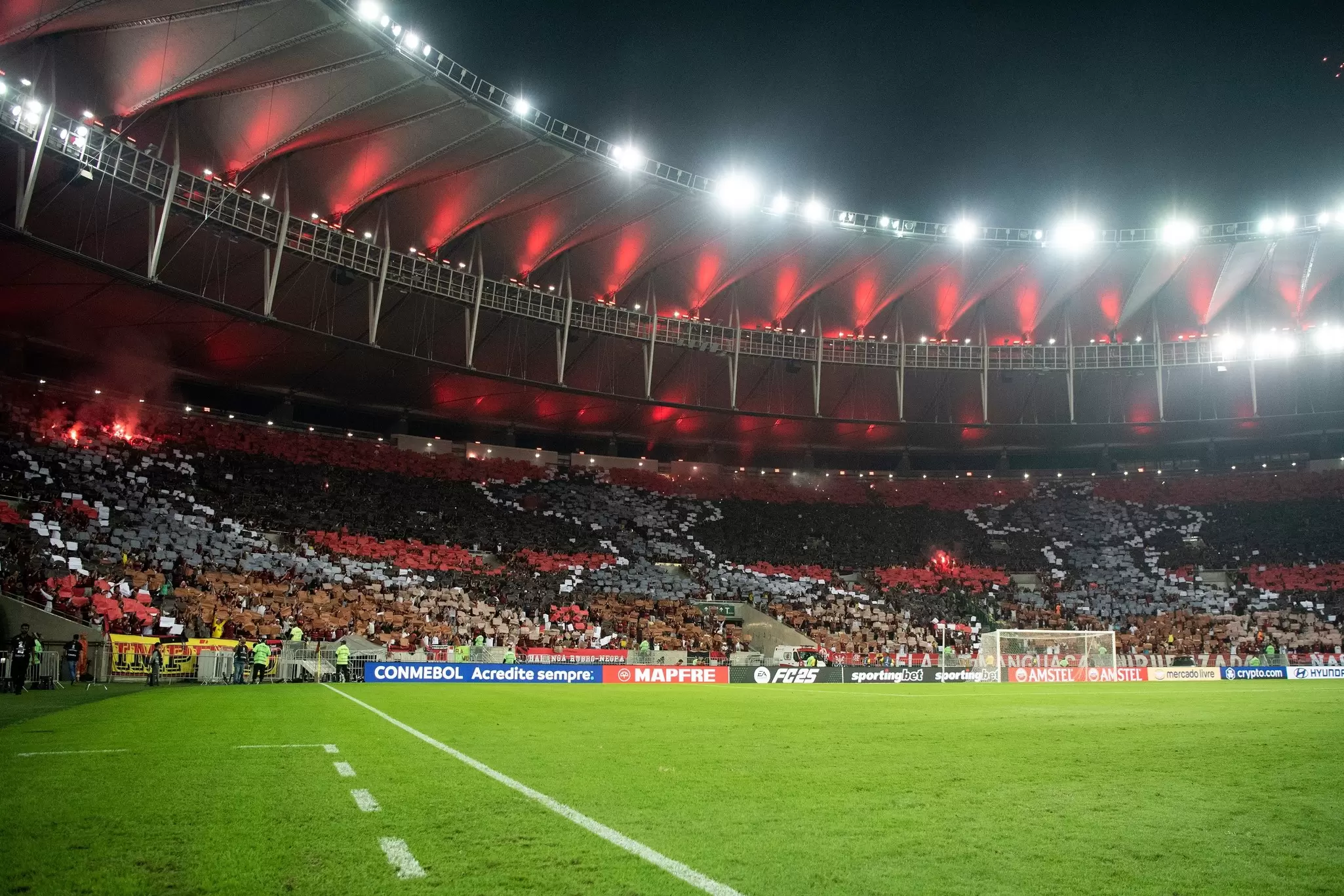 View of the pitch at Maracanã Football Stadium during a game in Rio de Janeiro, Brazil.