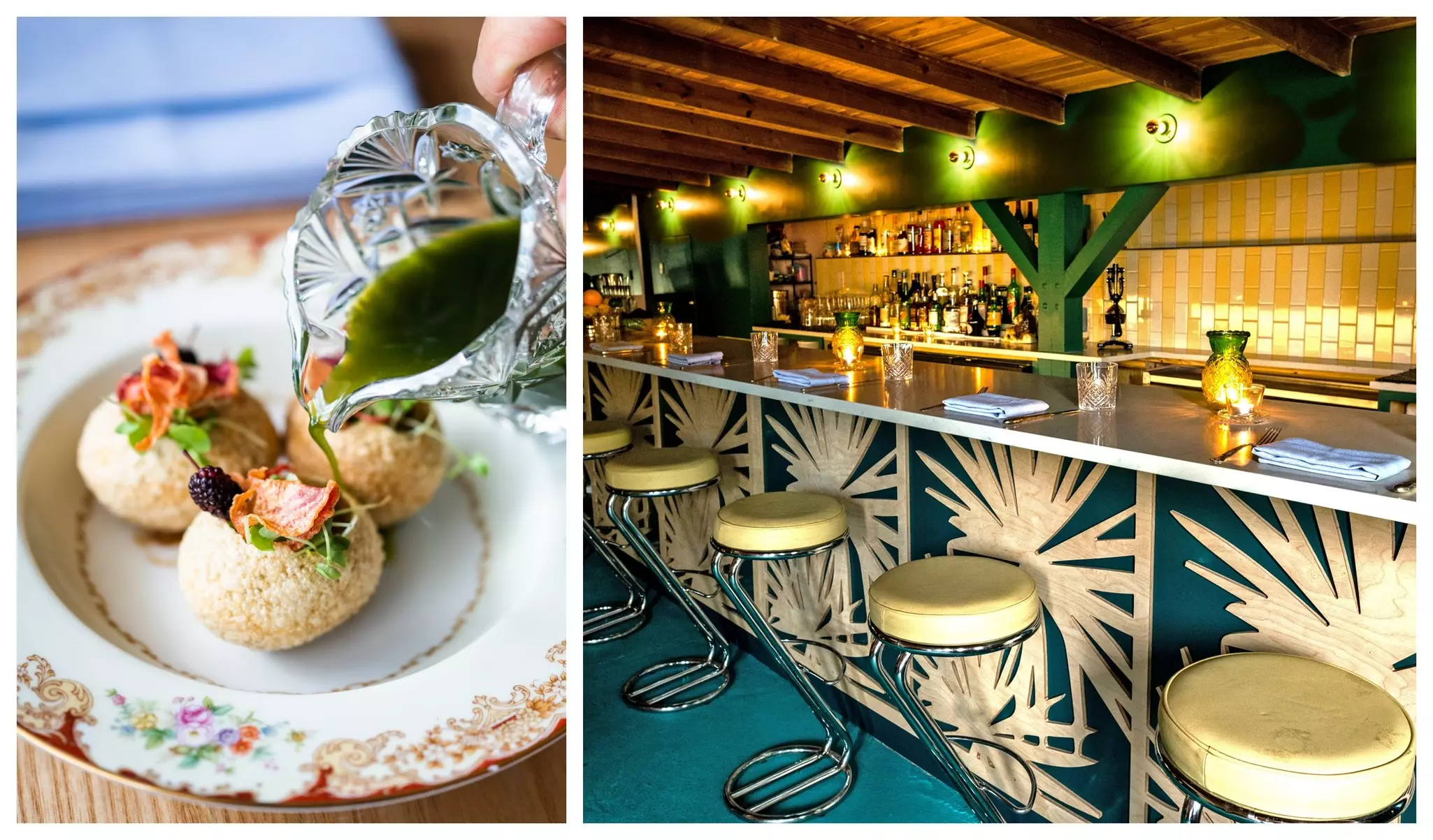 Small dumplings on a plate and a long bar in a restaurant.