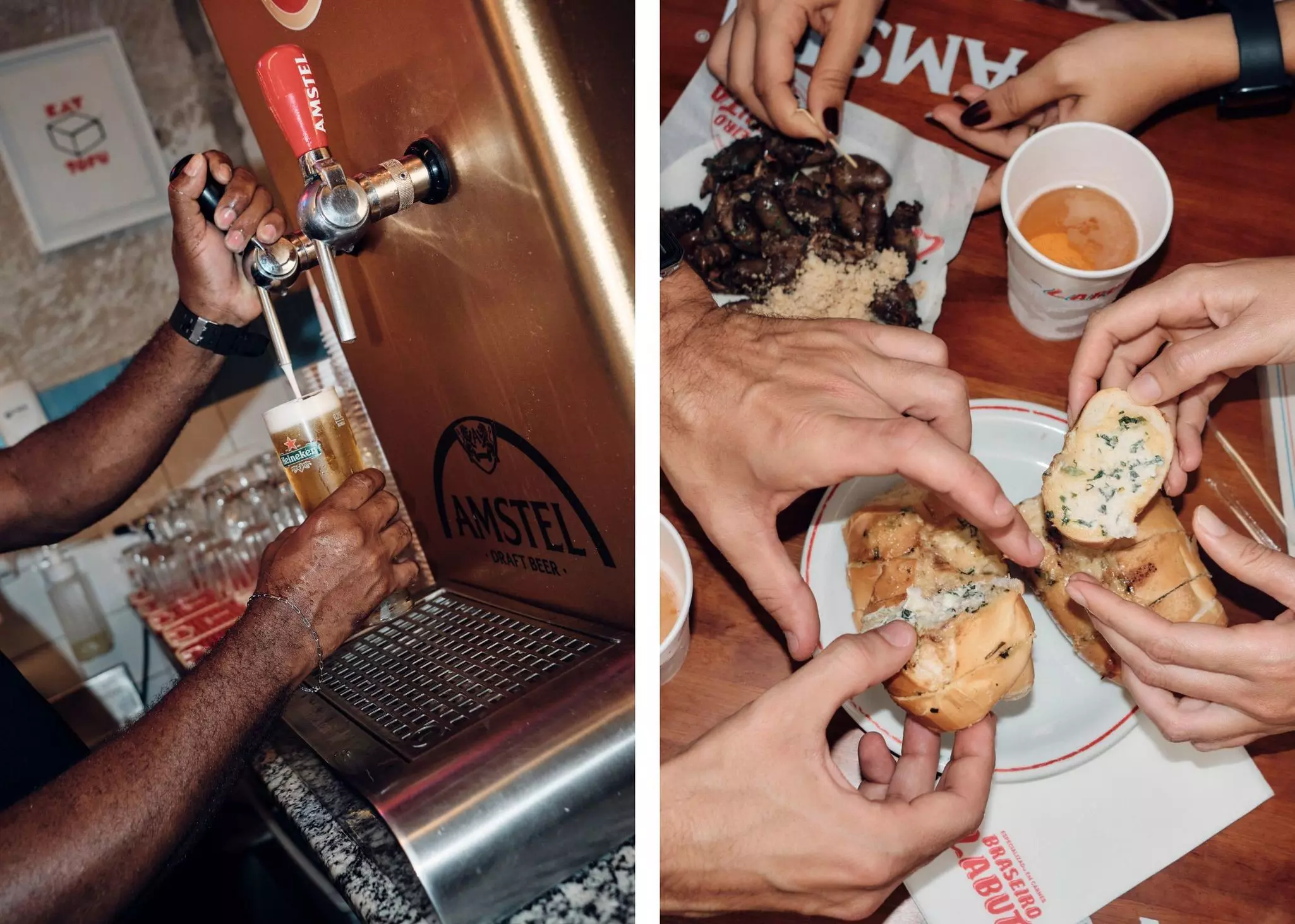 Left, a man pouring beer from a tap; right, two pairs of hands grabbing garlic bread from a plate.
