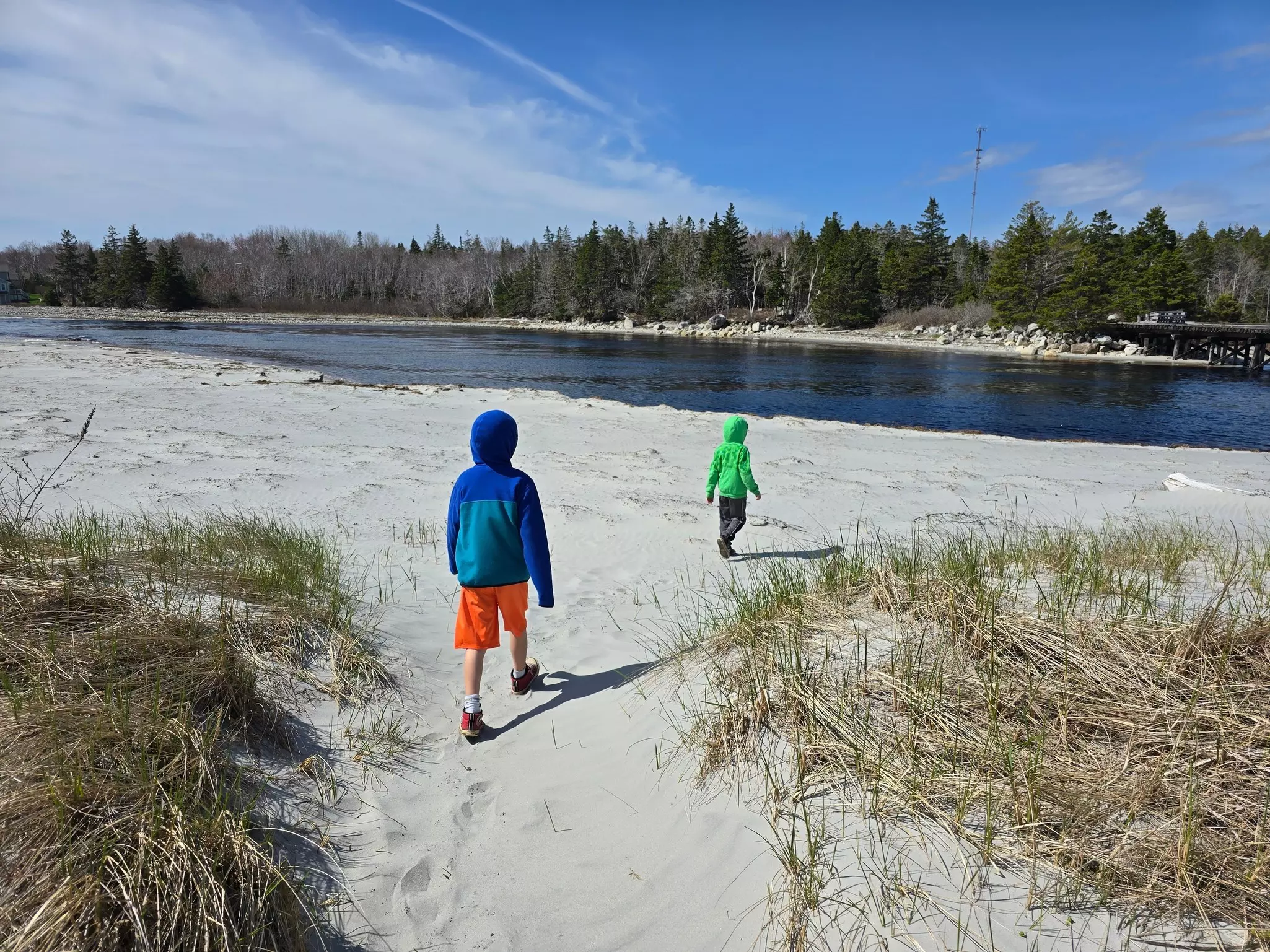 Two children walking on the white sands of a beach in a nature reserve