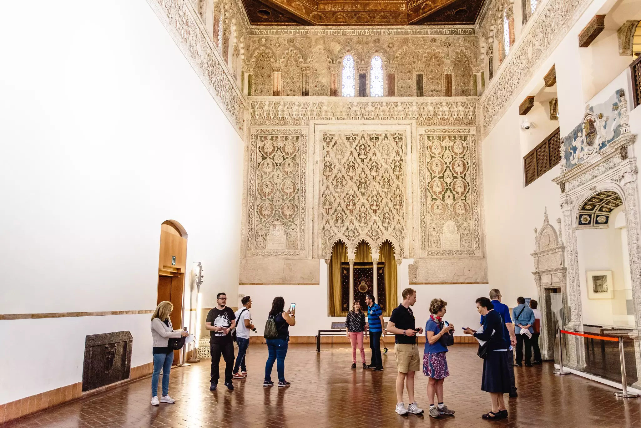 Toledo, Spain - October 13, 2017: Indoor view of Synagogue of Transito. It is a historic building famous for its rich stucco decoration.