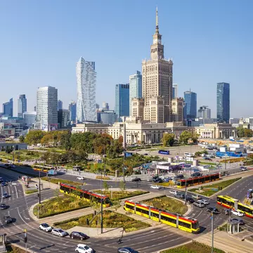Warsaw, Poland - September 20, 2024: Warsaw skyline skyscraper with Palace of Culture and Science trams public transport in downtown in Warsaw, Poland., License Type: media, Download Time: 2025-12-17T22:25:59.000Z, User: dorota_littlerobindesign, Editorial: true, purchase_order: 56530 - Guidebooks, job: Global Publishing WIP, client: Pocket Poland 11, other: Dorota Michalec