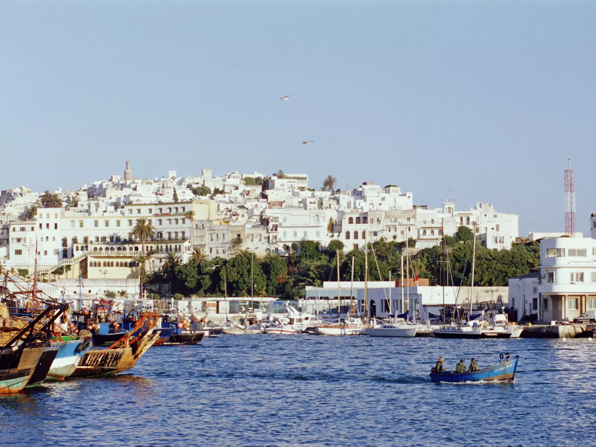 Looking over the waters of the Mediterranean, the white facades of Tangier's old city rises from the shoreline; boats are moored to shore, while a small one makes its way across the harbour.