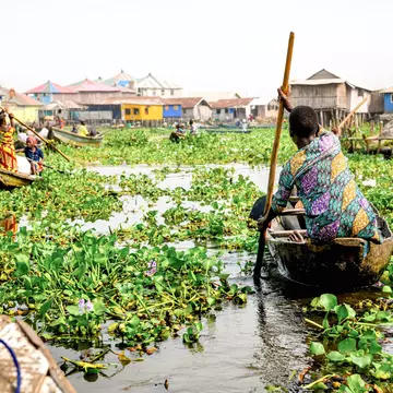 Africa, West Africa, Benin, Lake Nokoue, Ganvié. Pirogues in the water streets of the lakeside town of Ganvié.
1246920424