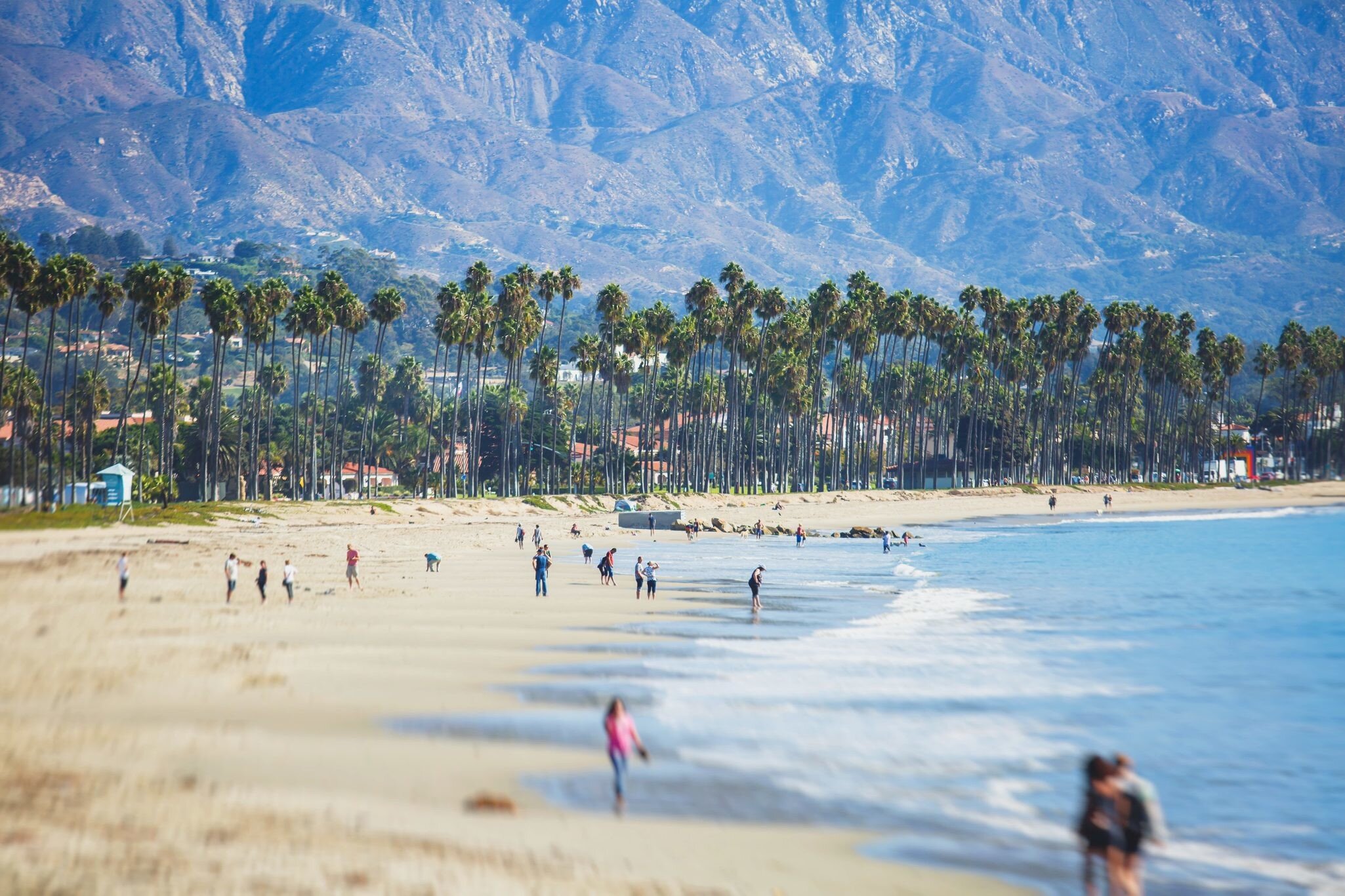Beautiful view of Santa Barbara ocean front walk, with beach and marina, palms and mountains, Santa Ynez mountains and Pacific Ocean, Santa Barbara  county, California, United States, summer sunny day