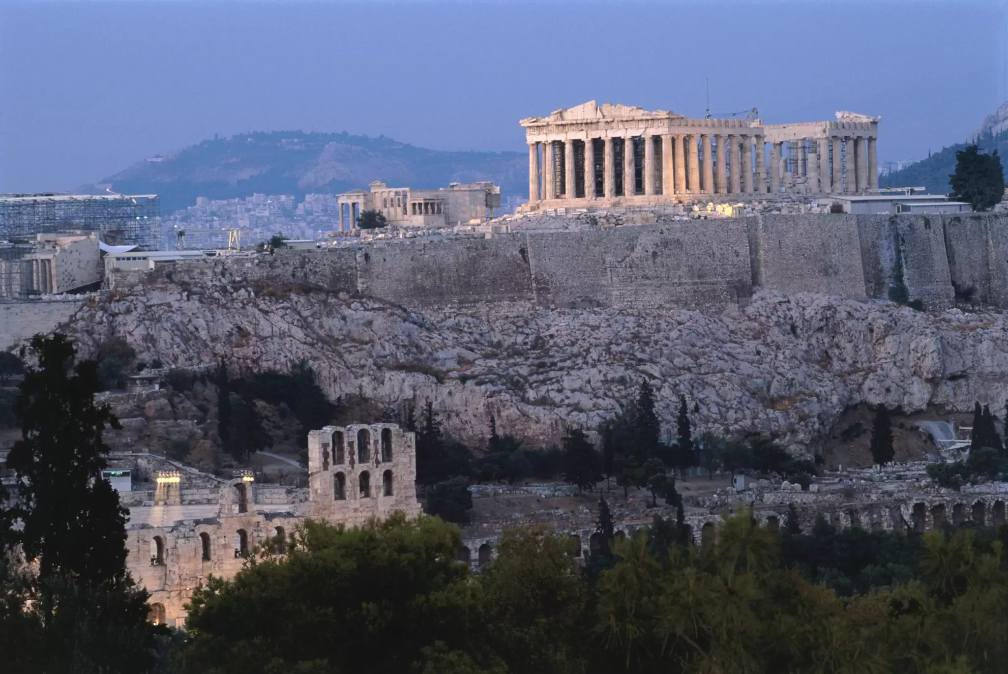 The Parthenon and Acropolis, seen from Filopappou Hill, Athens, Greece. 