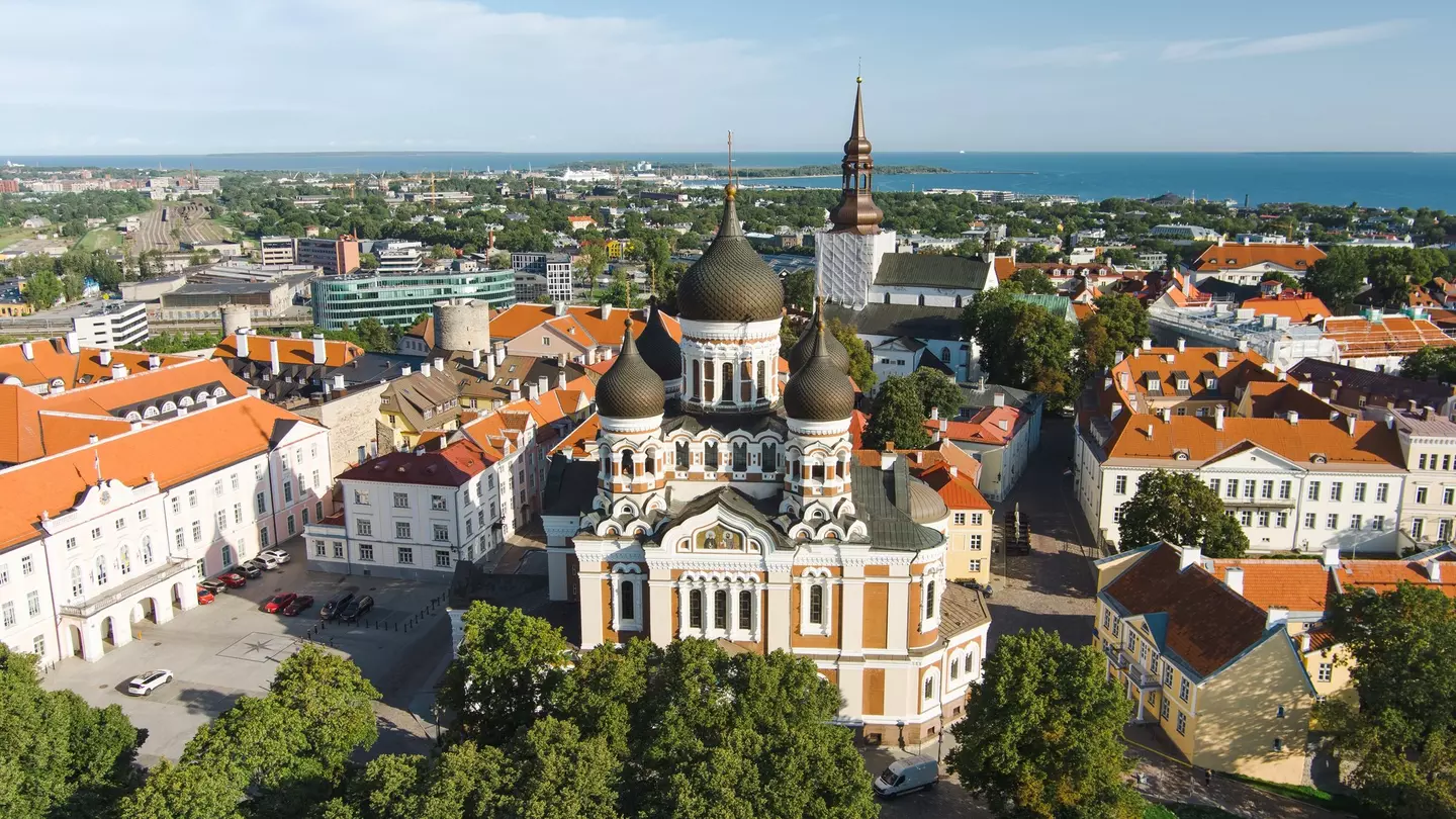 Aerial view of Alexander Nevsky Cathedral in Tallinn Old Town on a sunny summer morning.