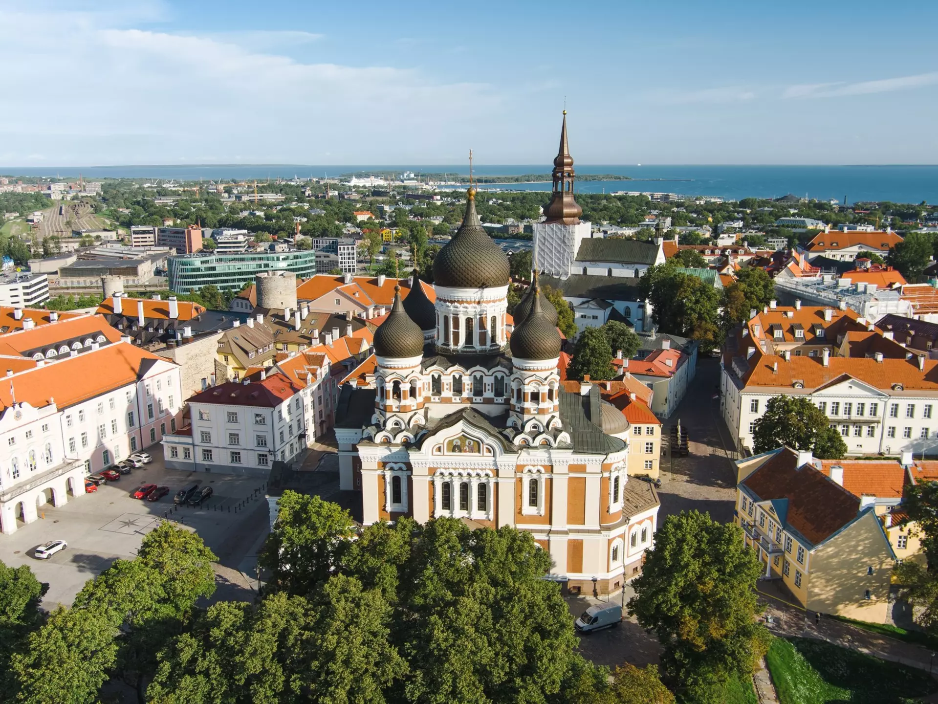 Aerial view of Alexander Nevsky Cathedral in Tallinn Old Town on a sunny summer morning.