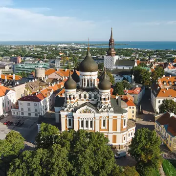 Aerial view of Alexander Nevsky Cathedral in Tallinn Old Town on a sunny summer morning.
