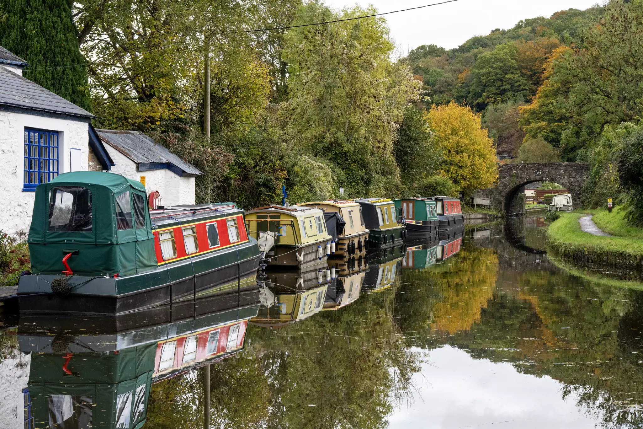 Narrowboats moored at the side of a canal with a towpath