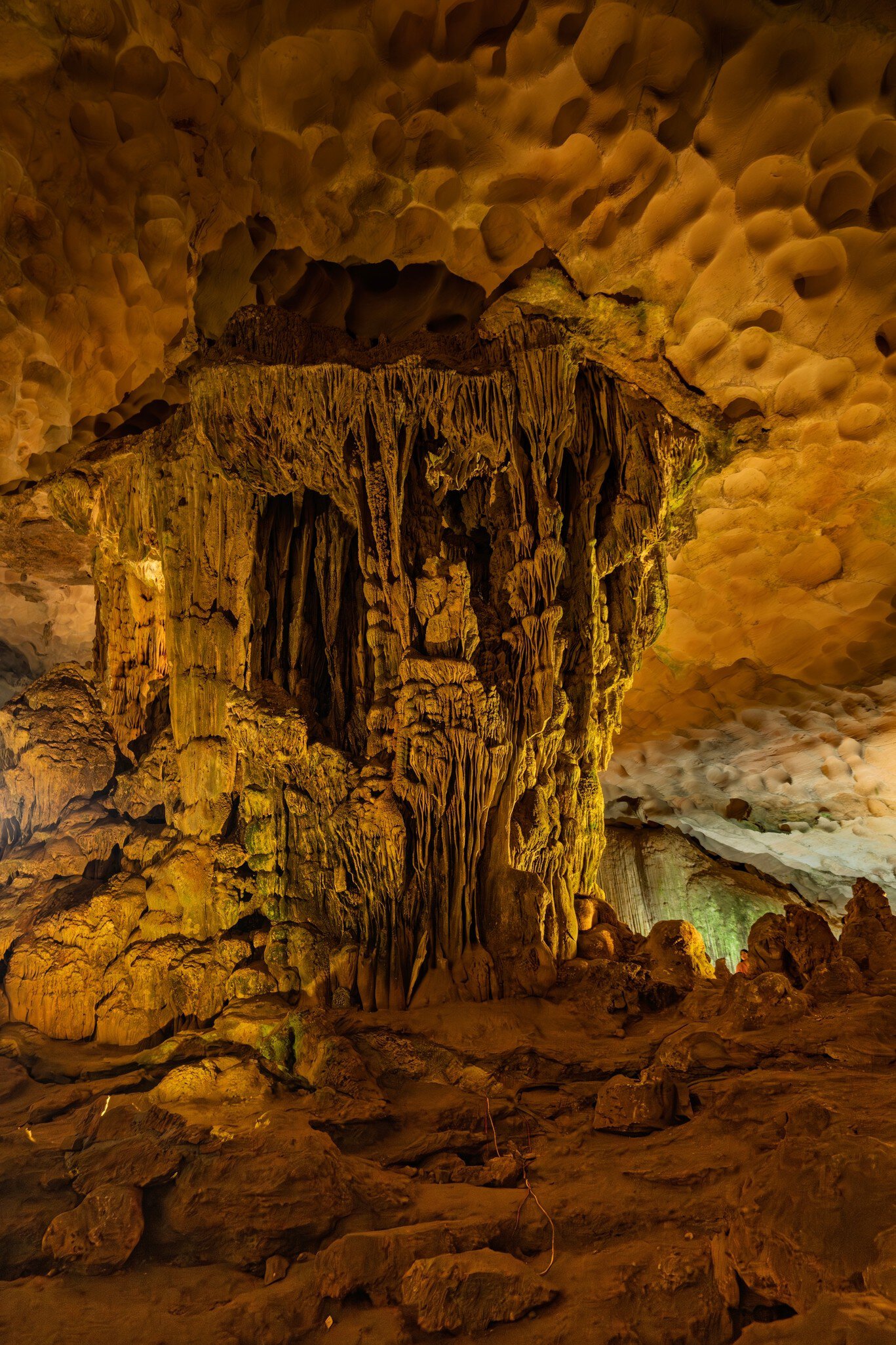 Illuminated interior of the Sung Sot Cave, Halong Bay.