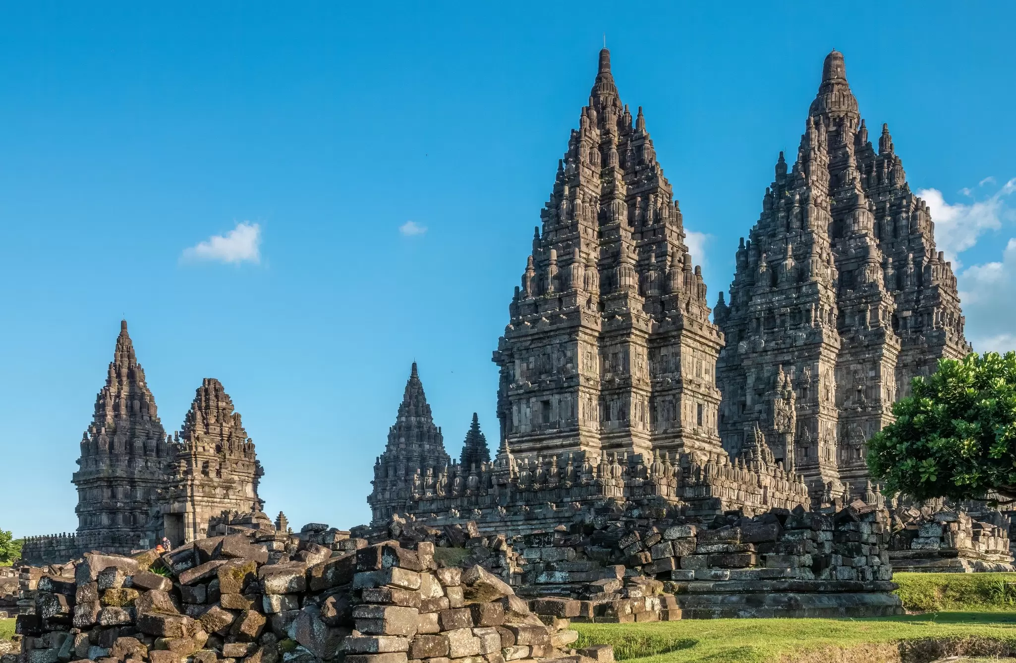 View of ancient temple ruins at Prambanan in central Java, Indonesia.