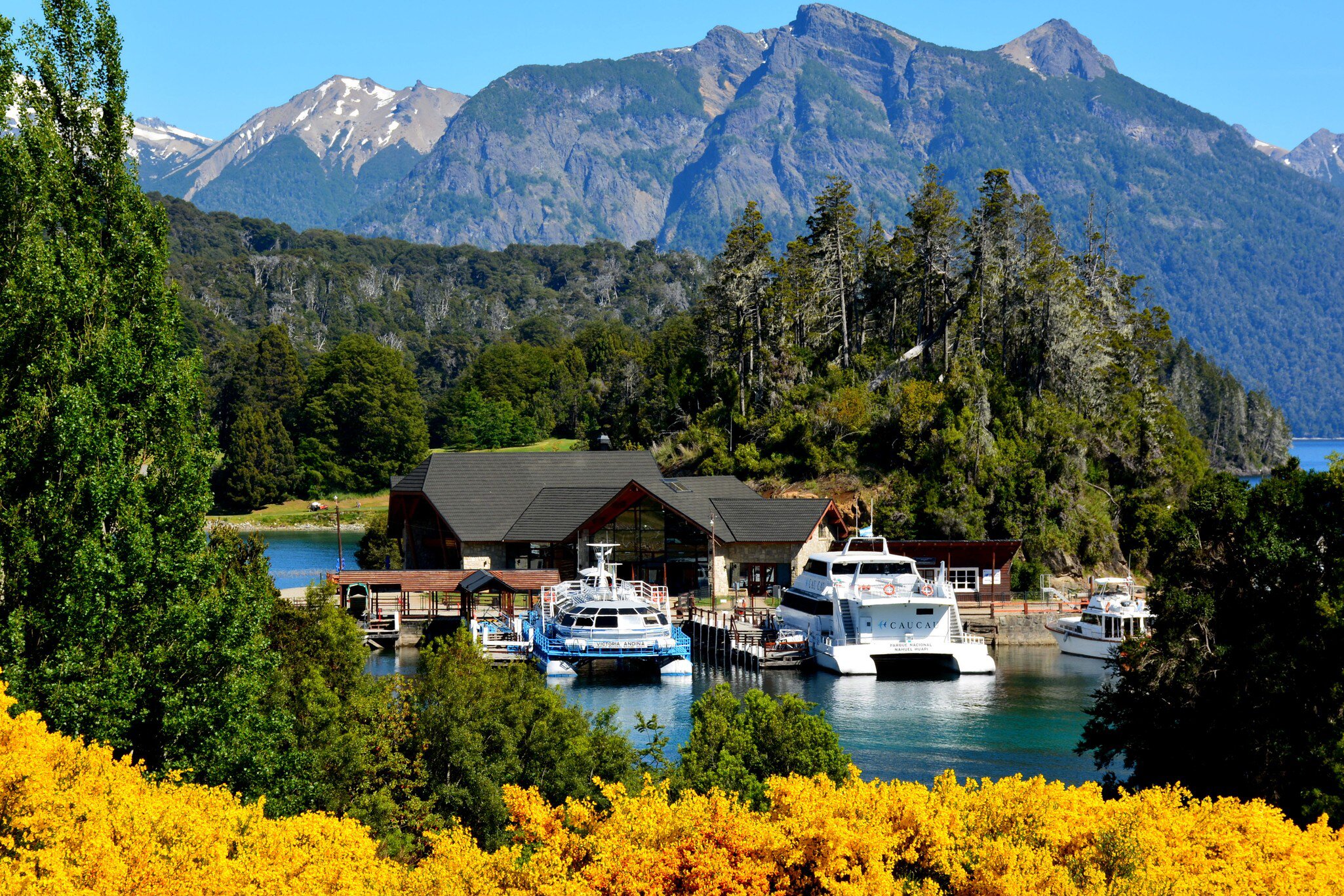 Boats docked at Puerto Pañuelo with trees and mountain range in the background. Bariloche. Rio Negro, Argentina.
