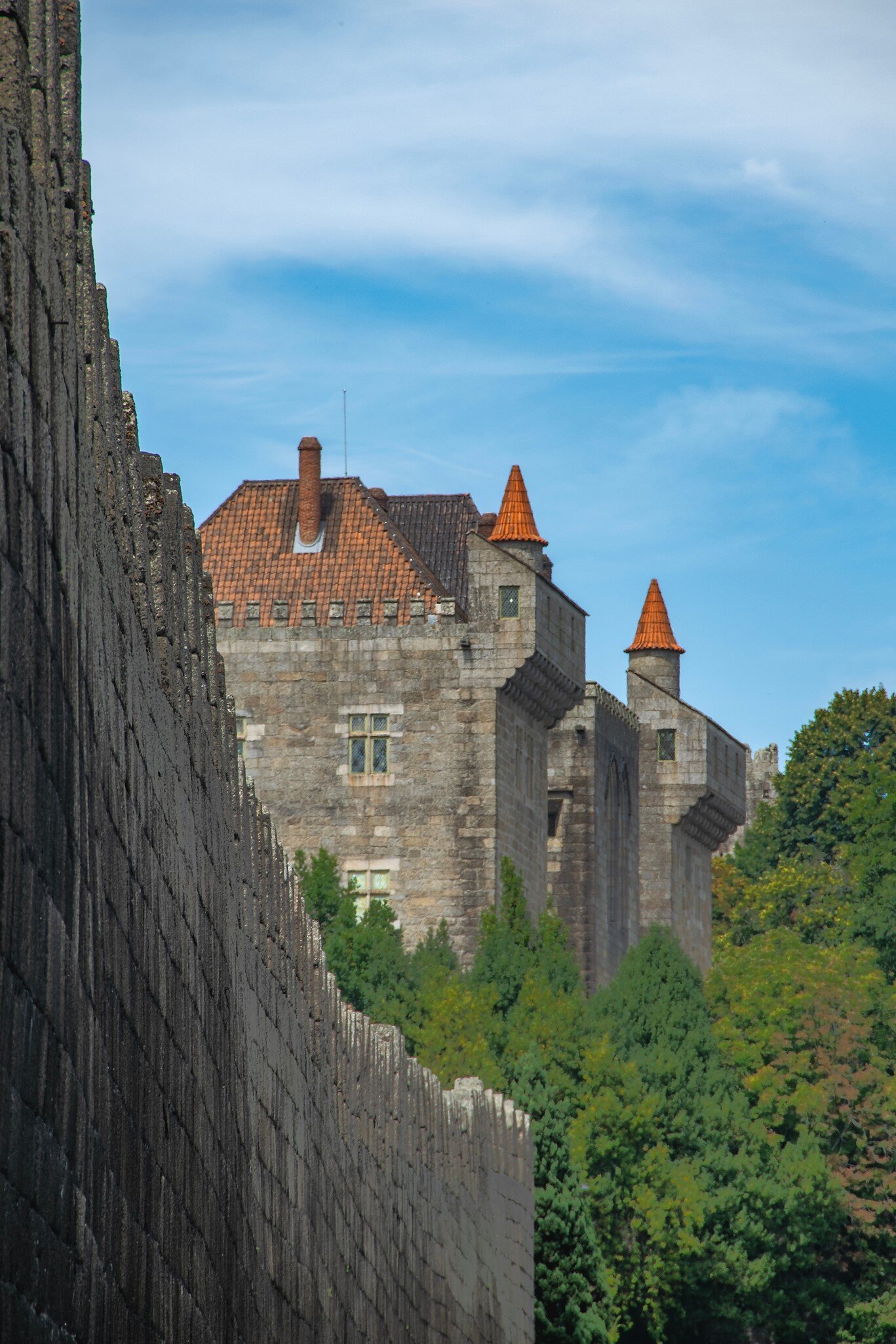 View of the turrets of the Paço dos Duques de Bragança (the Palace of the Dukes of Braganza) in Guimarães, Portugal.