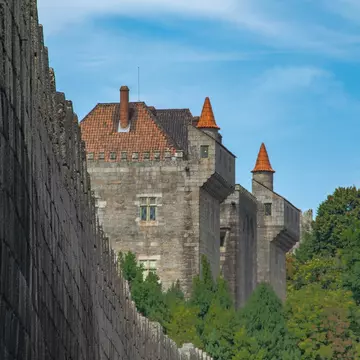View of the turrets of the Paço dos Duques de Bragança (the Palace of the Dukes of Braganza) in Guimarães, Portugal.