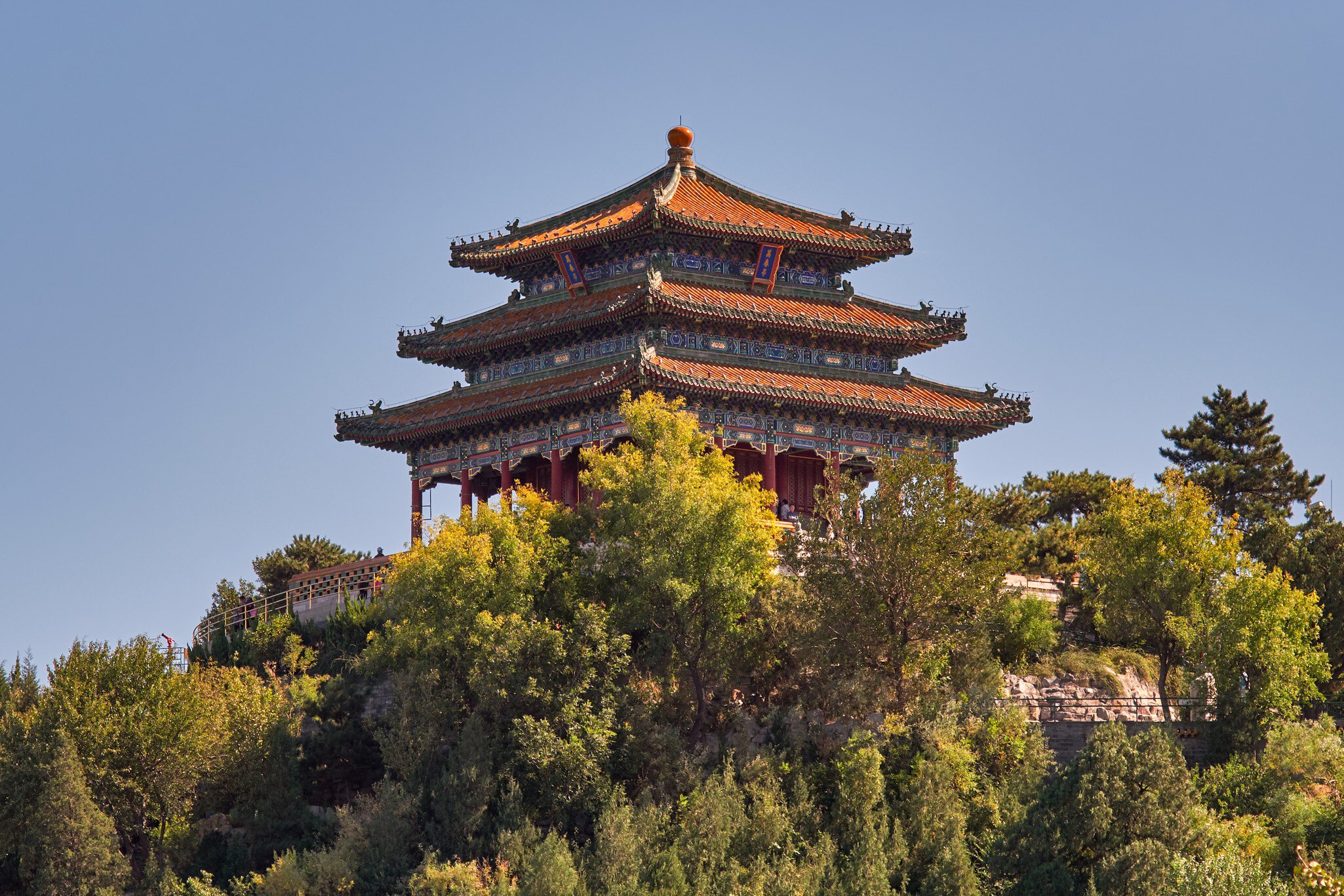 Beijing / China - October 8th 2018: The Wanchun Pavilion at the central point of Jingshan Park (Prospect Hill). Situated in the center of Beijing, Jingshan offers the full view of the city.