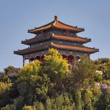 Beijing / China - October 8th 2018: The Wanchun Pavilion at the central point of Jingshan Park (Prospect Hill). Situated in the center of Beijing, Jingshan offers the full view of the city.